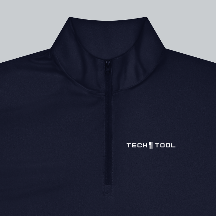 Tech Tool Unisex Core Quarter-Zip Pullover, close-up of the cadet collar, matching quarter zipper and fabric construction | Color: True Navy
