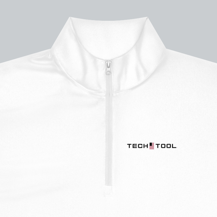 Tech Tool Unisex Core Quarter-Zip Pullover, close-up of the cadet collar, matching quarter zipper and fabric construction | Color: White