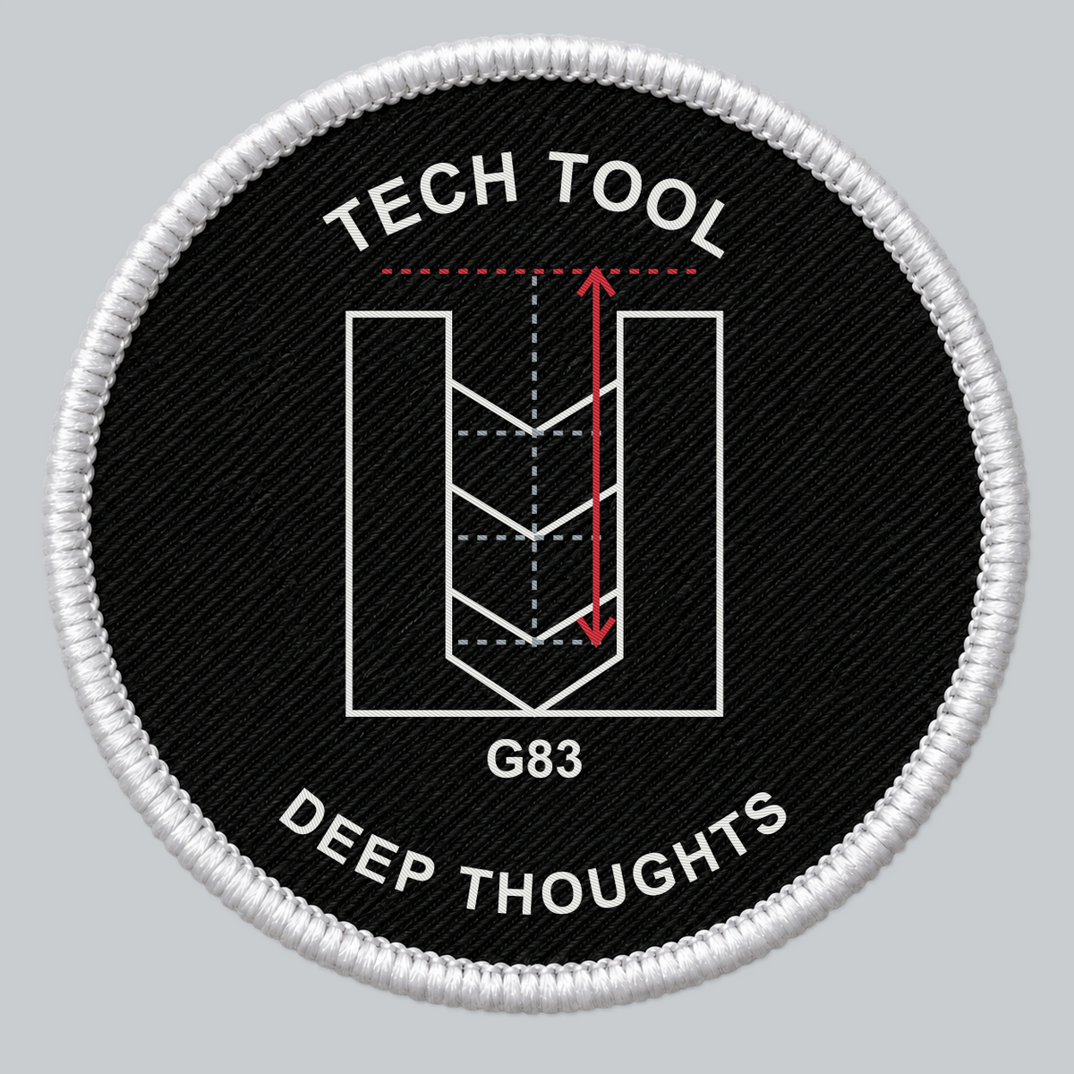 Tech Tool Deep Thoughts / G83 3-inch circular embroidered patch, front artwork mockup | Design: Deep Thoughts / G83