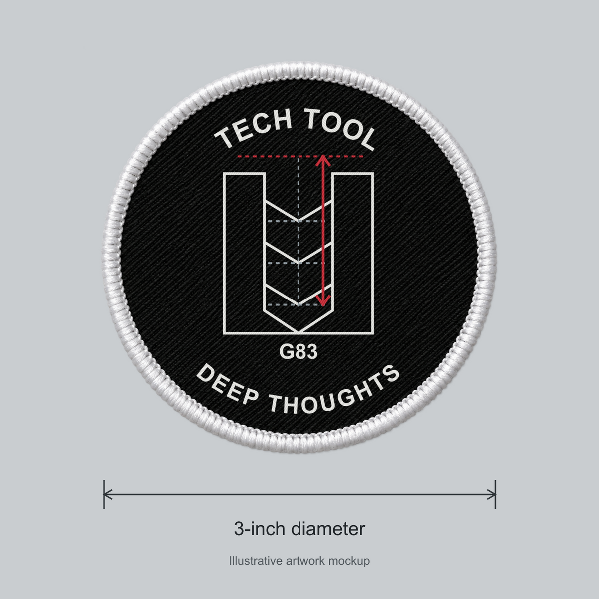 Tech Tool Deep Thoughts / G83 3-inch circular embroidered patch, size guide showing 3-inch diameter | Design: Deep Thoughts / G83