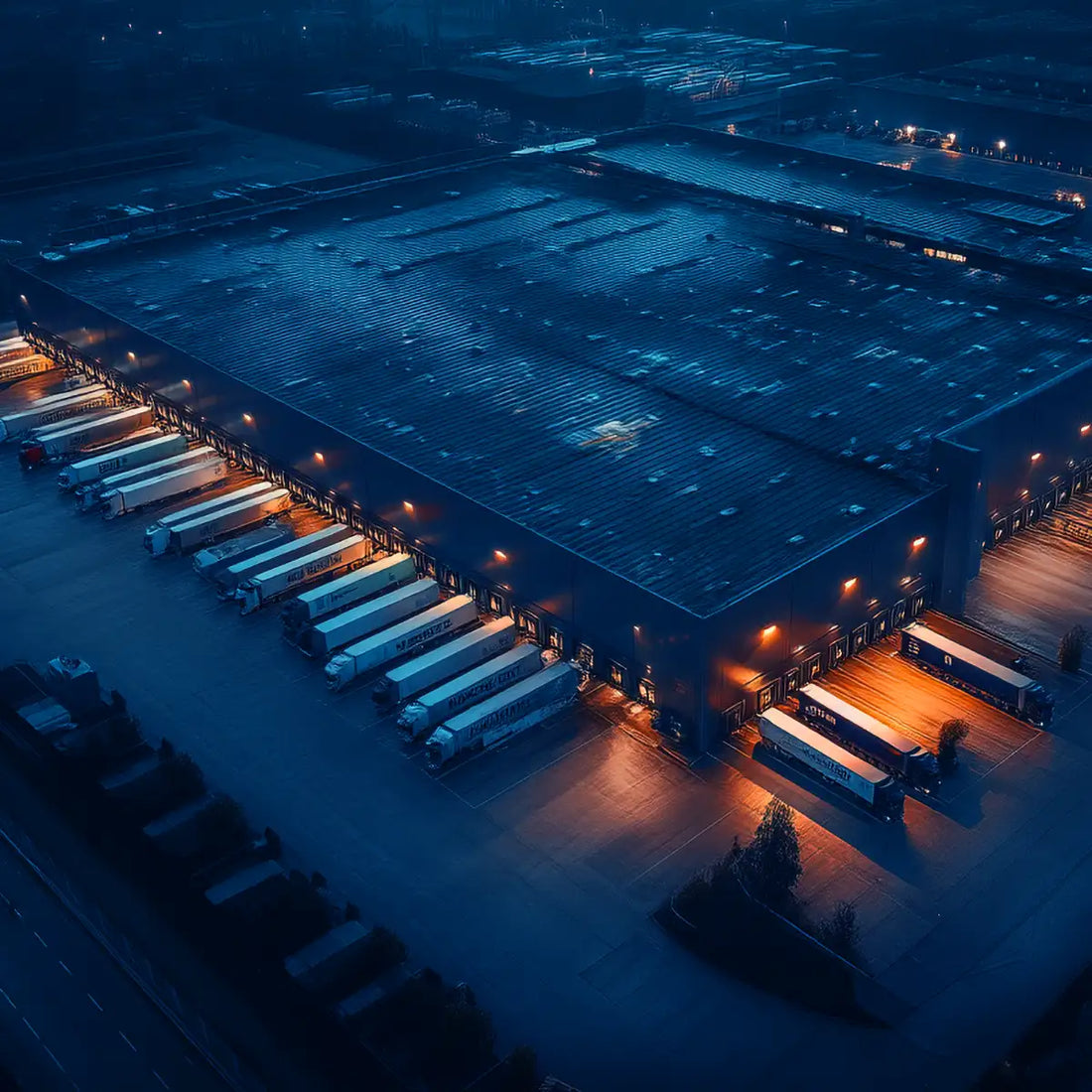 Aerial view of a distribution warehouse at dusk with trucks at loading docks