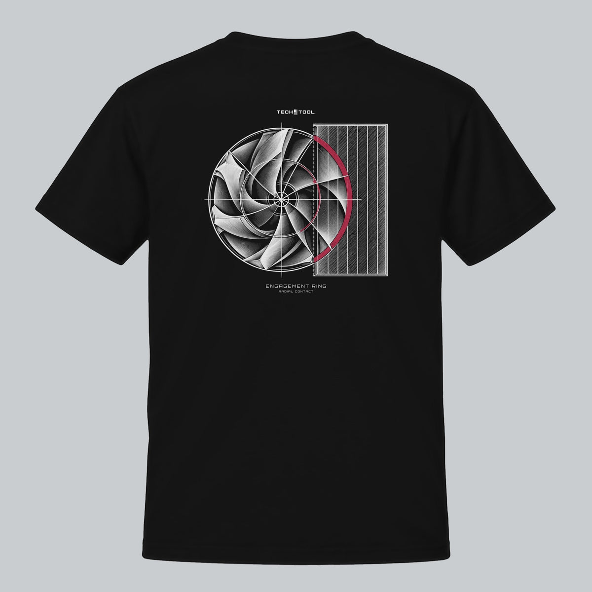 Engagement Ring T-Shirt, back view showing circular cutting-tool illustration | Color: Black