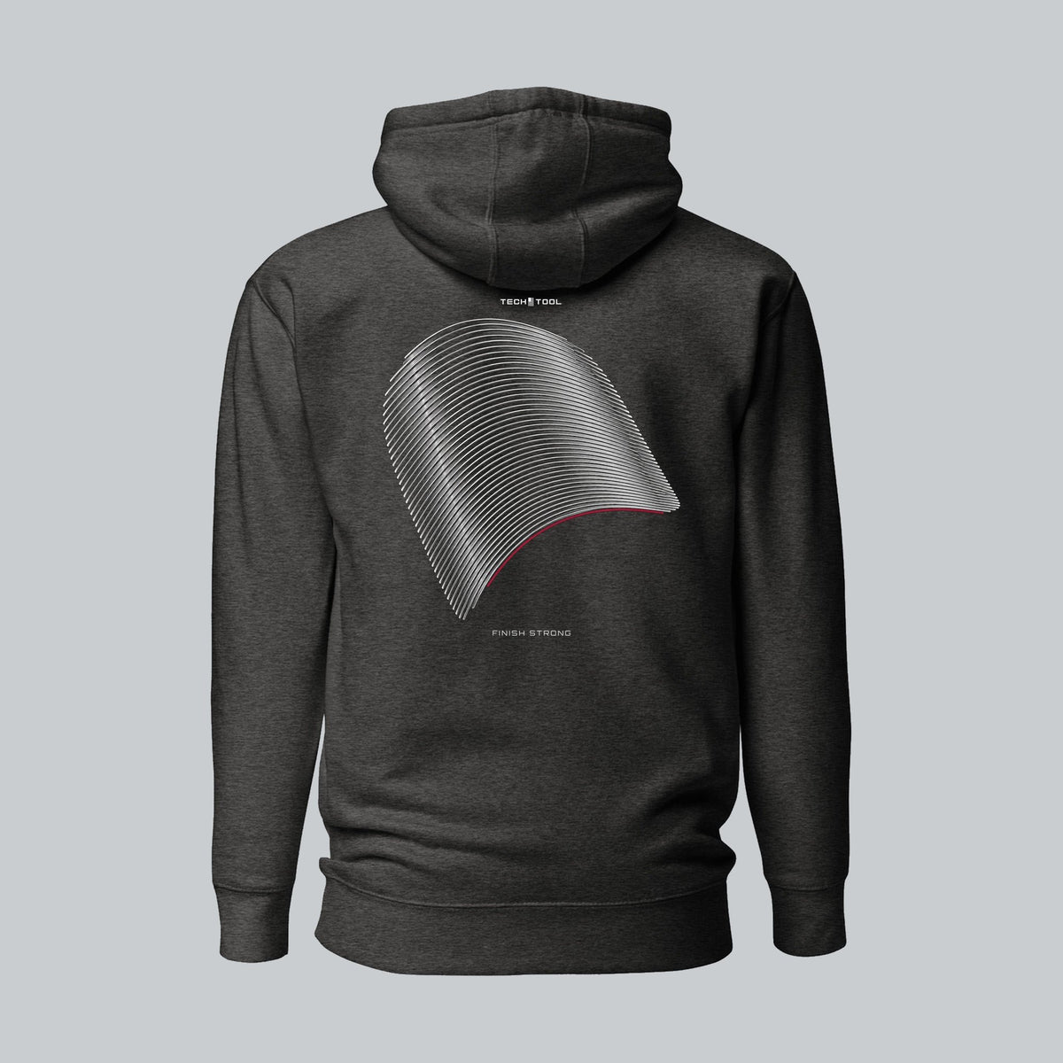 Finish Strong Pullover Hoodie in Charcoal Heather, back view showing etched curved-surface illustration