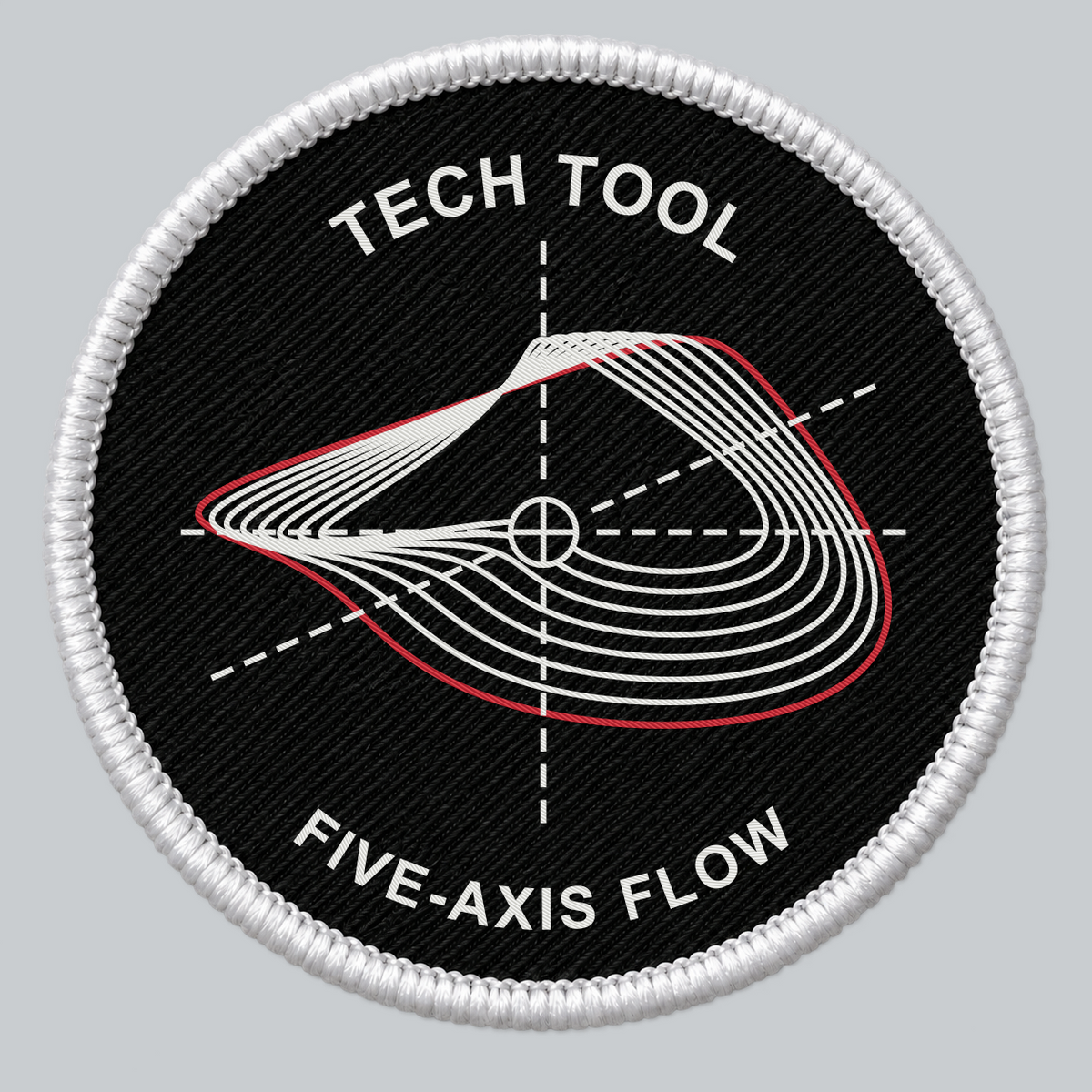 Tech Tool Five-Axis Flow 3-inch circular embroidered patch, front artwork mockup | Design: Five-Axis Flow
