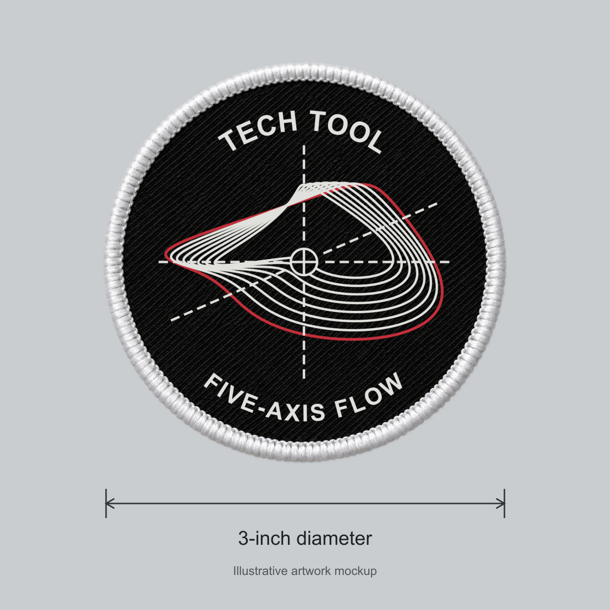 Tech Tool Five-Axis Flow 3-inch circular embroidered patch, size guide showing 3-inch diameter | Design: Five-Axis Flow