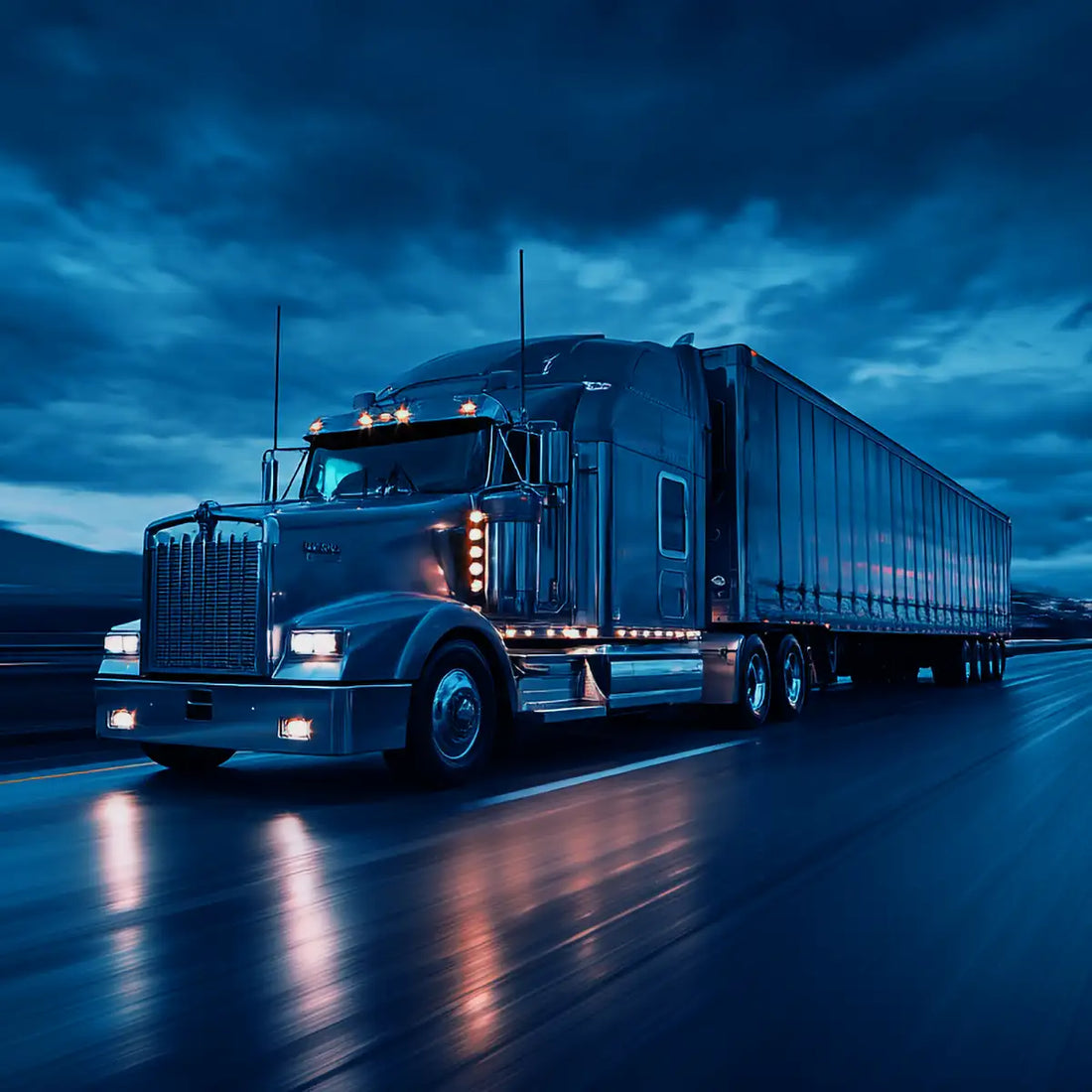 Semi truck on a wet highway at dusk with headlights on