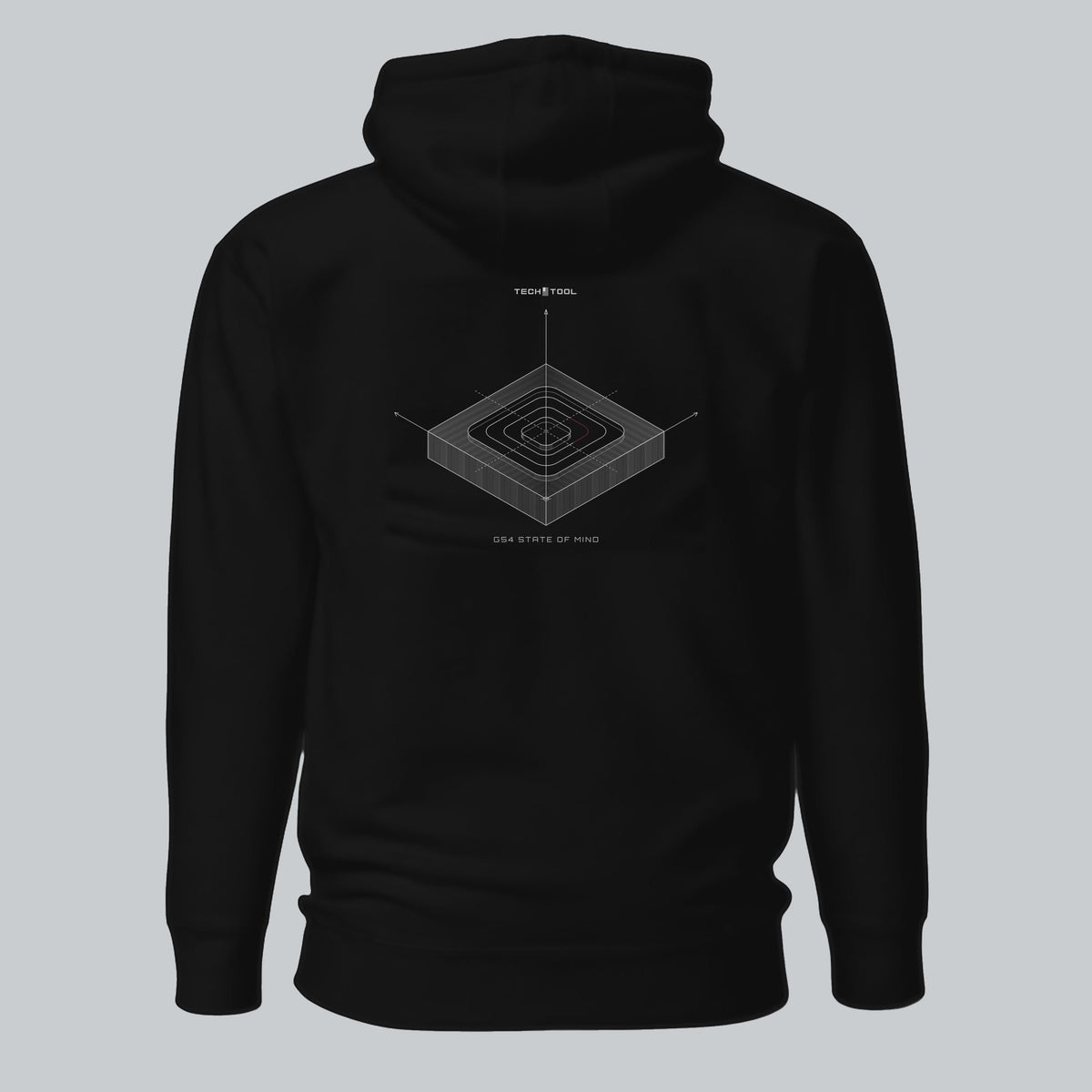 G54 State of Mind Pullover Hoodie, back view showing G54 coordinate-origin illustration