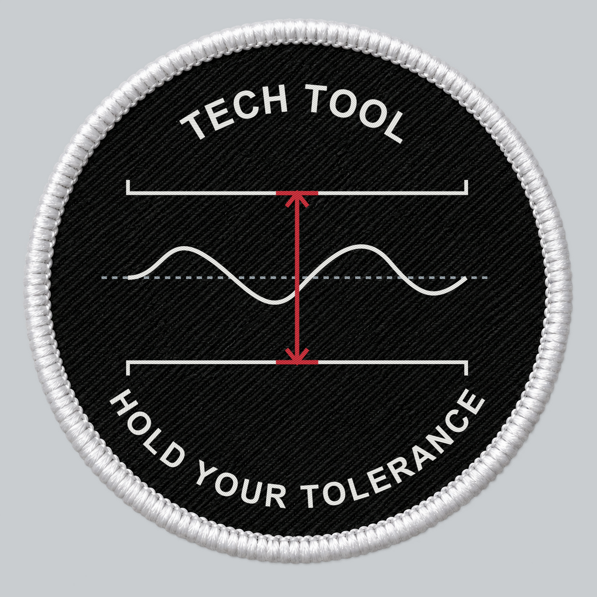 Tech Tool Hold Your Tolerance 3-inch circular embroidered patch, front artwork mockup | Design: Hold Your Tolerance