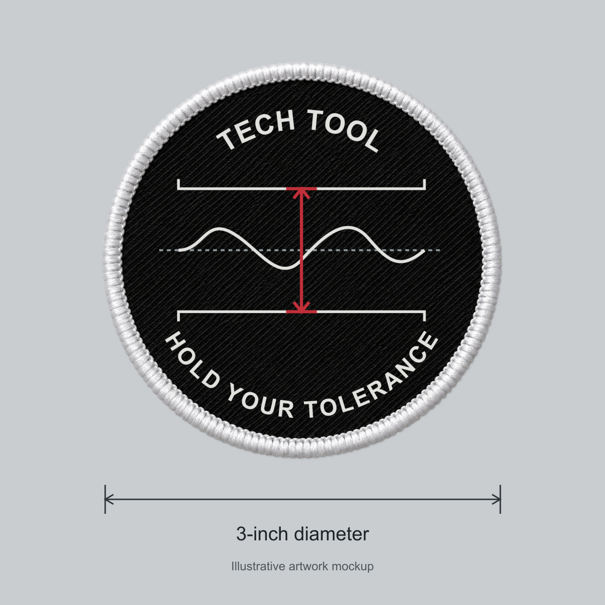 Tech Tool Hold Your Tolerance 3-inch circular embroidered patch, size guide showing 3-inch diameter | Design: Hold Your Tolerance