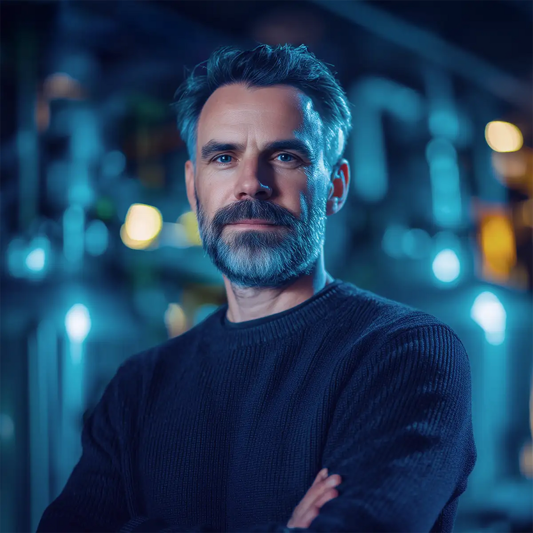 Machinist standing with arms crossed in a modern machine shop