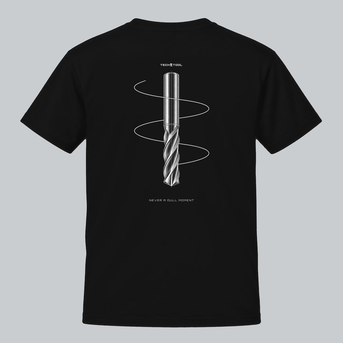 Never a Dull Moment T-Shirt, back view showing spiral cutting-tool illustration
