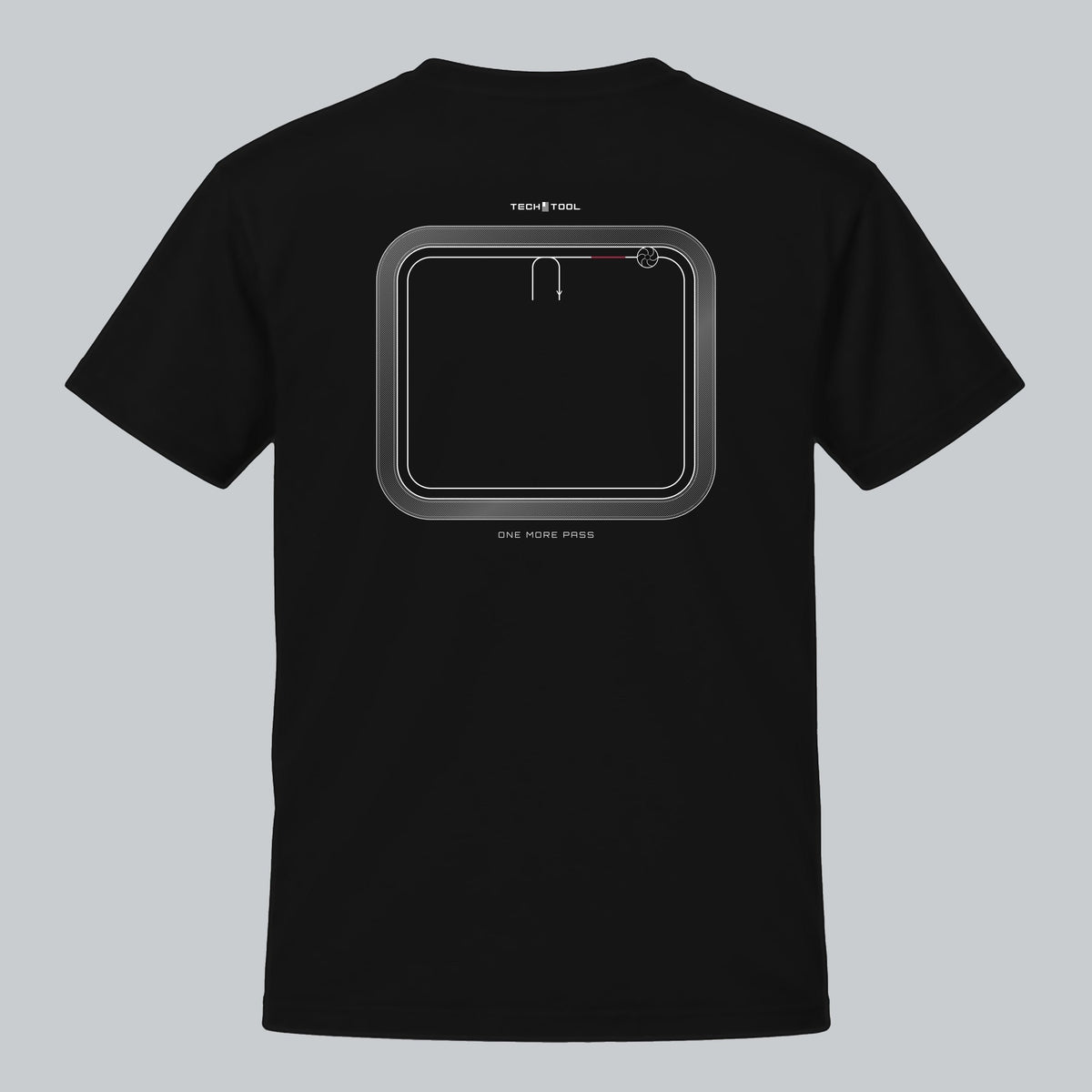 One More Pass T-Shirt, back view showing rounded rectangular toolpath graphic | Color: Black
