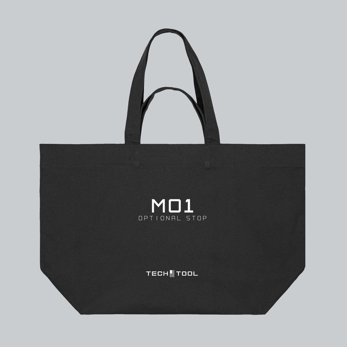 Optional Stop Tote, front view showing M01 Optional Stop graphic