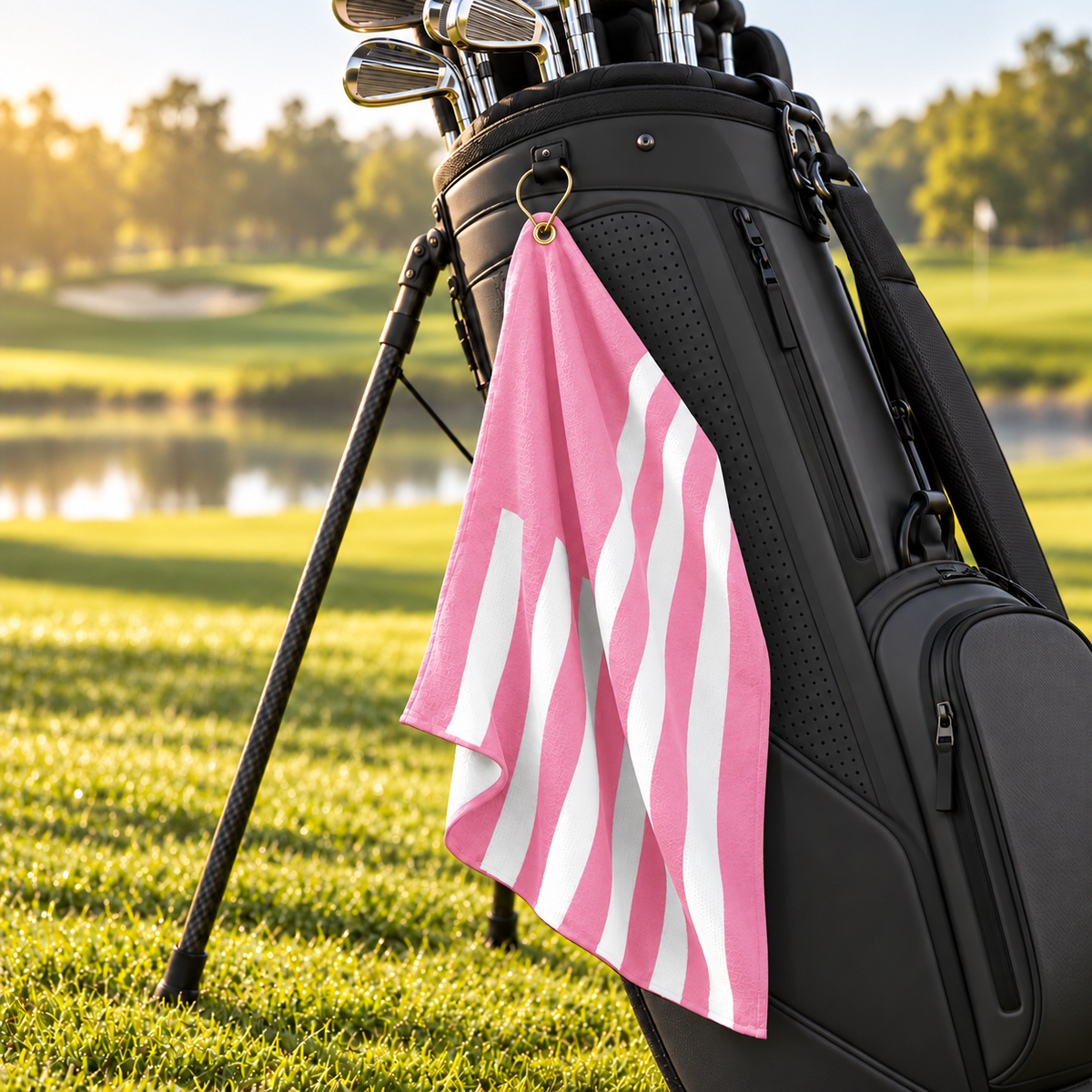 Tech Tool Signature Golf Towel in Barbie Pink, hanging naturally by its gold clip from a modern charcoal golf bag beside the course | Color: Barbie Pink