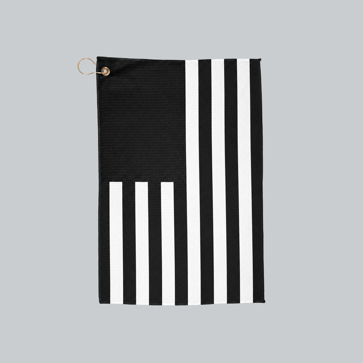 Tech Tool Signature Golf Towel in Black, full front flag design with gold hanging ring | Color: Black