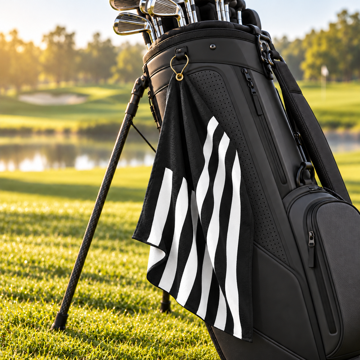 Tech Tool Signature Golf Towel in Black, hanging naturally by its gold clip from a modern charcoal golf bag beside the course | Color: Black