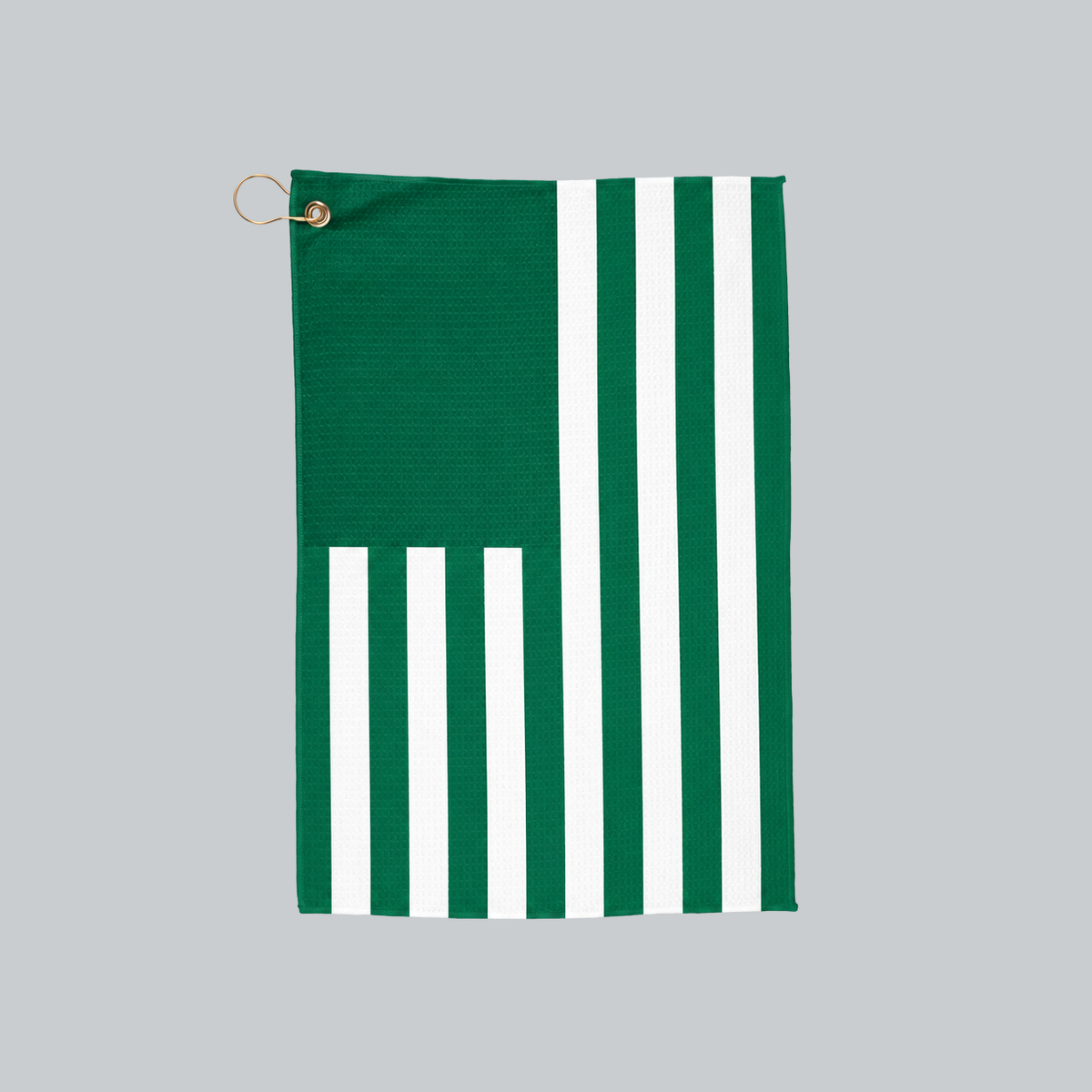 Tech Tool Signature Golf Towel in Golf Green, full front flag design with gold hanging ring | Color: Golf Green