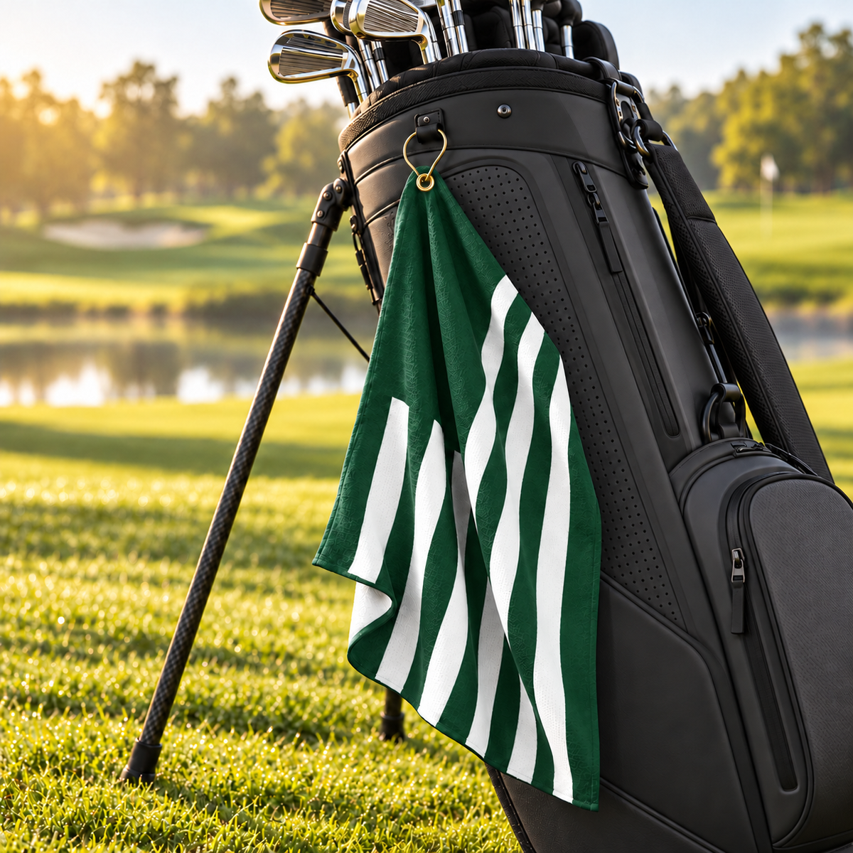 Tech Tool Signature Golf Towel in Golf Green, hanging naturally by its gold clip from a modern charcoal golf bag beside the course | Color: Golf Green