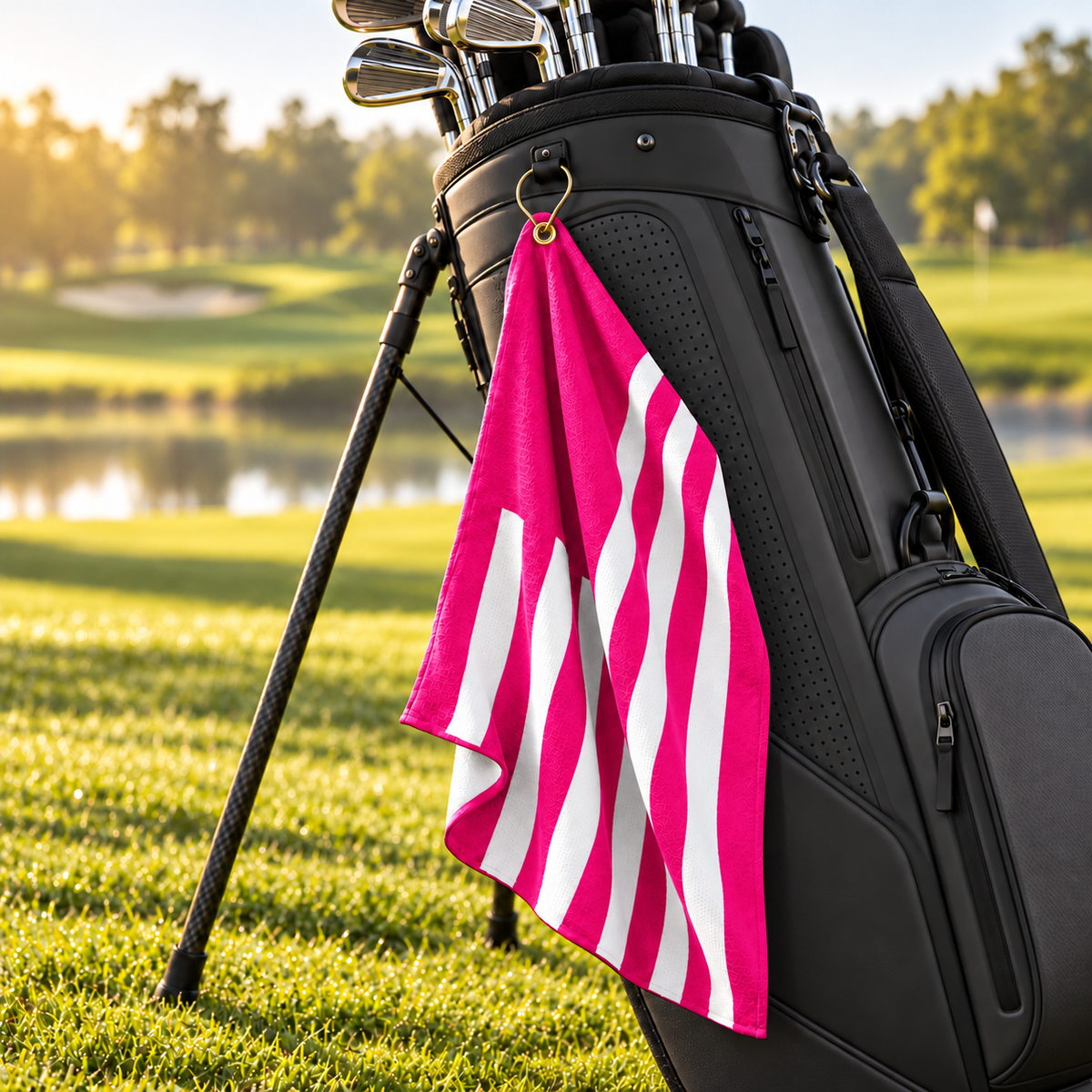 Tech Tool Signature Golf Towel in Hot Pink, hanging naturally by its gold clip from a modern charcoal golf bag beside the course | Color: Hot Pink