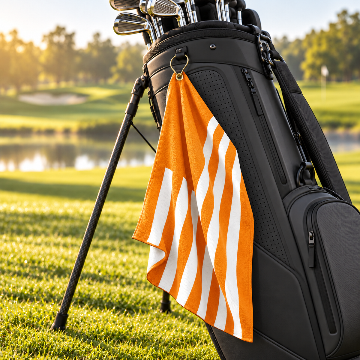Tech Tool Signature Golf Towel in Mango Orange, hanging naturally by its gold clip from a modern charcoal golf bag beside the course | Color: Mango Orange