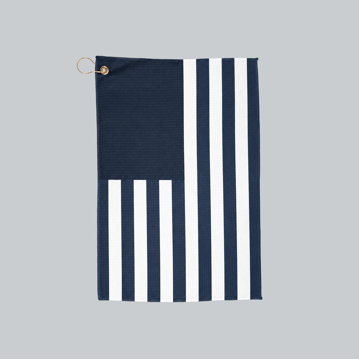 Tech Tool Signature Golf Towel in Navy, full front flag design with gold hanging ring | Color: Navy