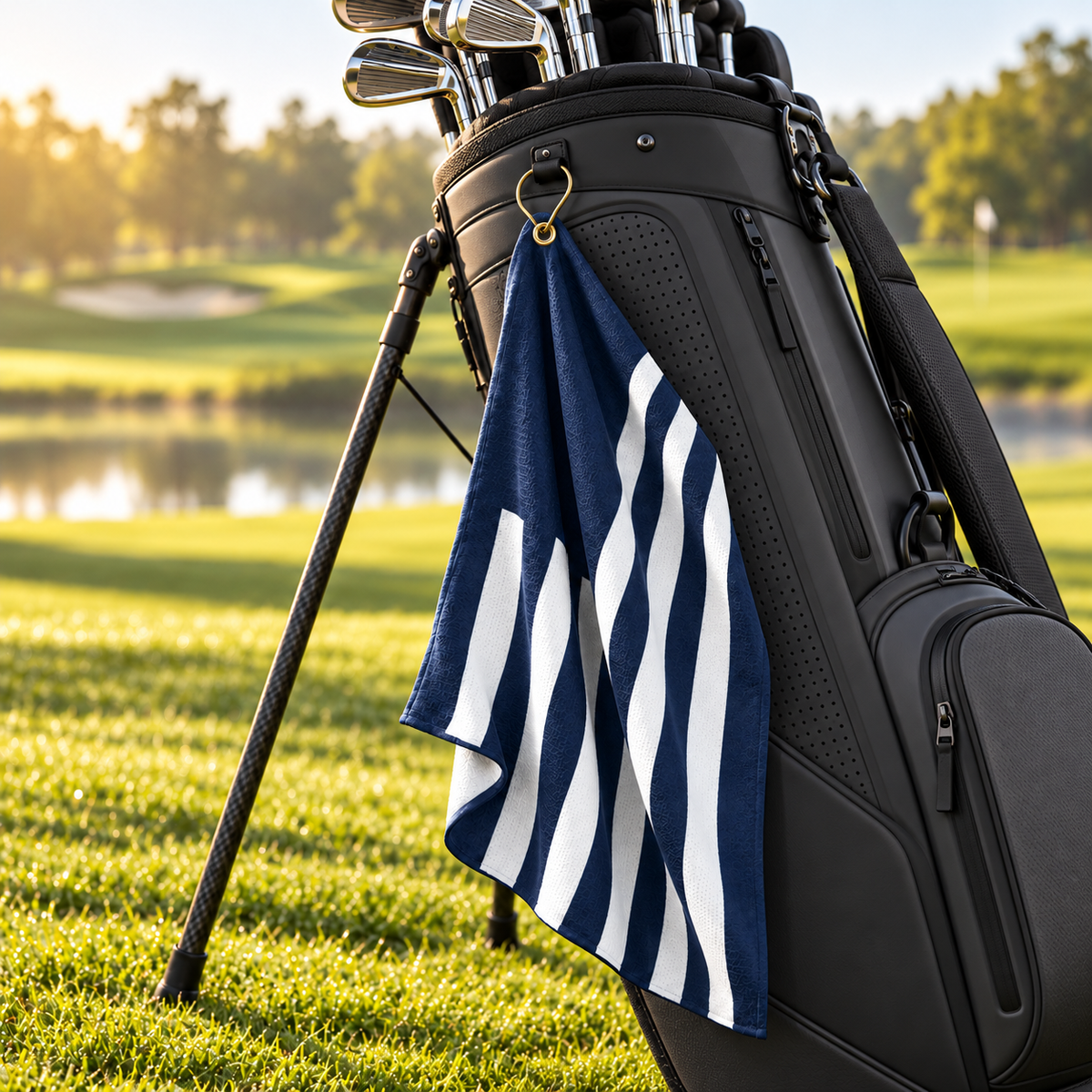 Tech Tool Signature Golf Towel in Navy, hanging naturally by its gold clip from a modern charcoal golf bag beside the course | Color: Navy