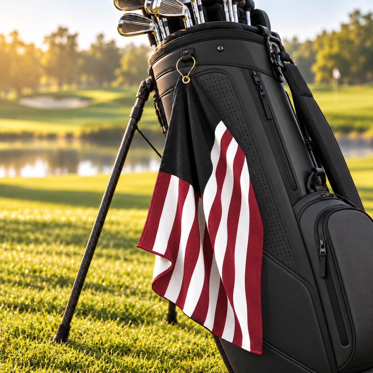 Tech Tool Signature Golf Towel in Signature, hanging naturally by its gold clip from a modern charcoal golf bag beside the course | Color: Signature