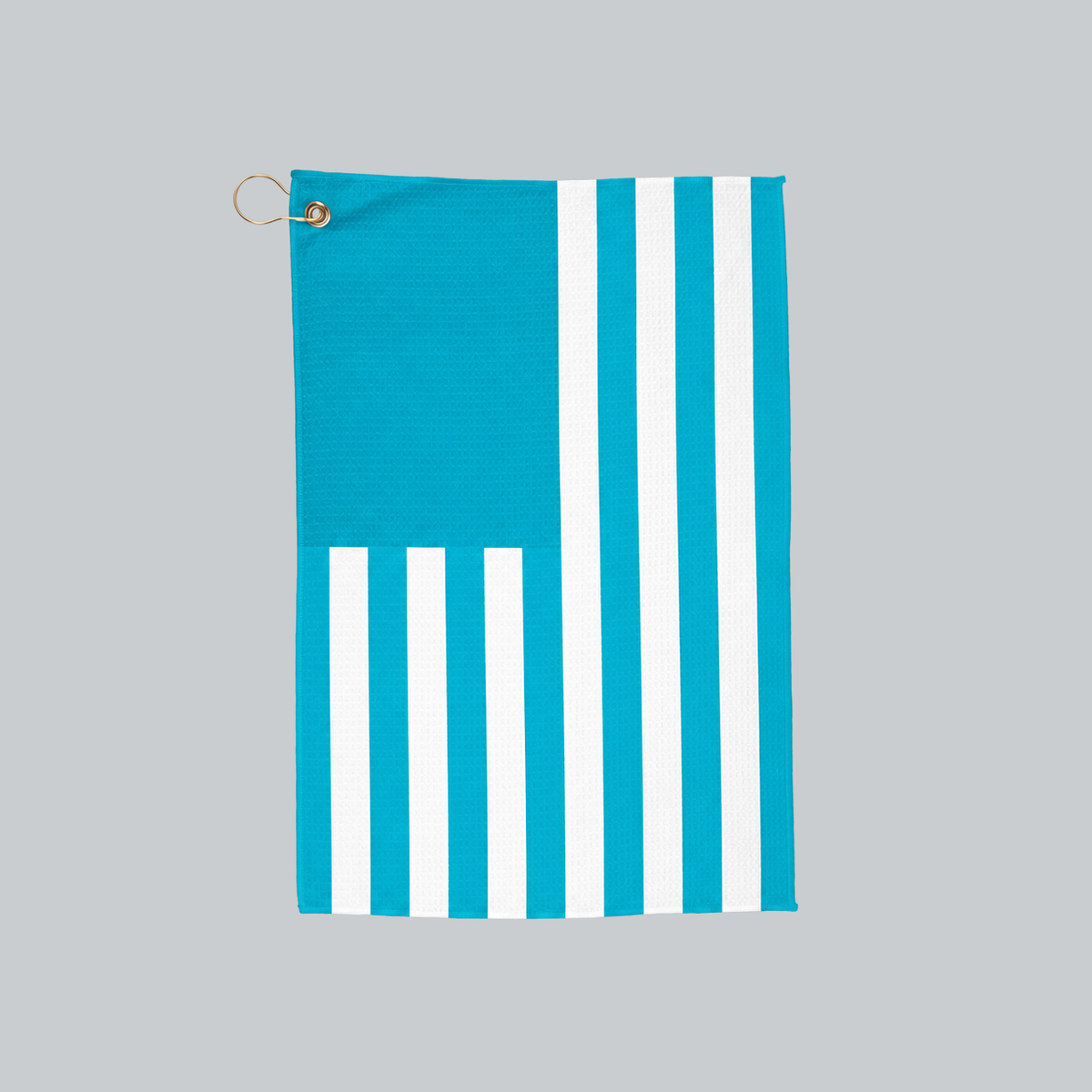 Tech Tool Signature Golf Towel in Tropical Blue, full front flag design with gold hanging ring | Color: Tropical Blue