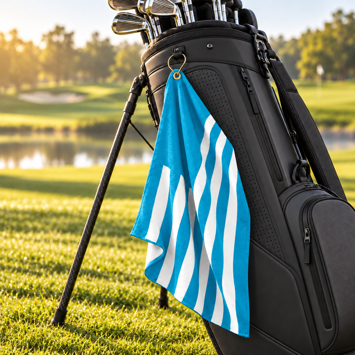 Tech Tool Signature Golf Towel in Tropical Blue, hanging naturally by its gold clip from a modern charcoal golf bag beside the course | Color: Tropical Blue