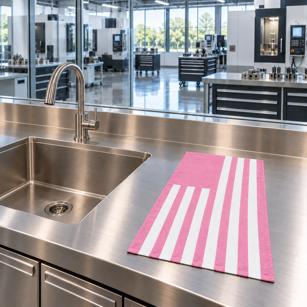 Tech Tool Signature Hand Towel in Barbie Pink, laid flat beside a stainless hand-wash sink overlooking a precision machine shop | Color: Barbie Pink