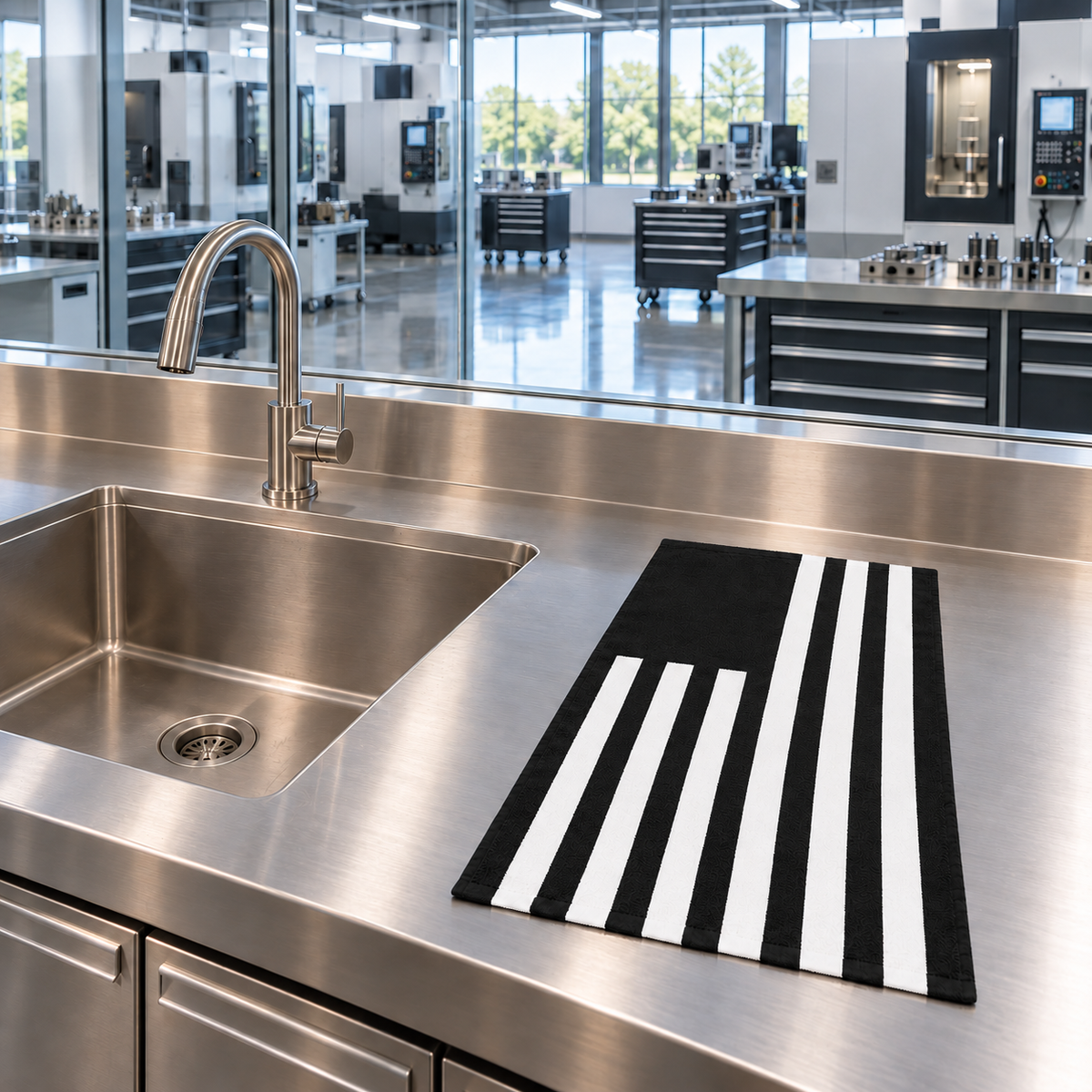 Tech Tool Signature Hand Towel in Black, laid flat beside a stainless hand-wash sink overlooking a precision machine shop | Color: Black