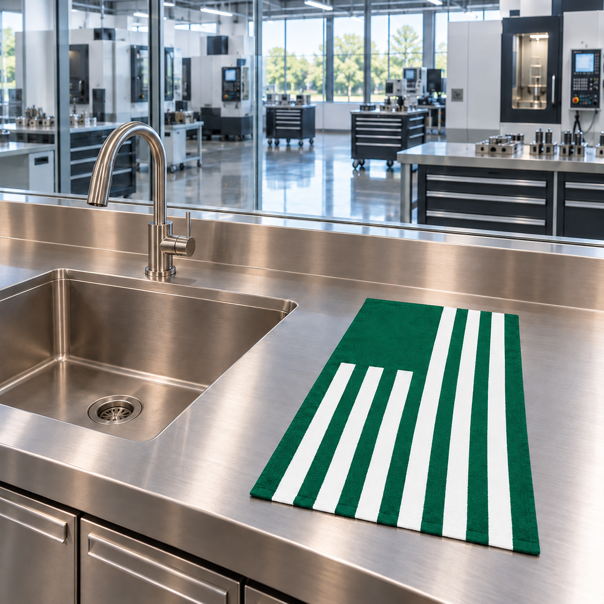Tech Tool Signature Hand Towel in Golf Green, laid flat beside a stainless hand-wash sink overlooking a precision machine shop | Color: Golf Green