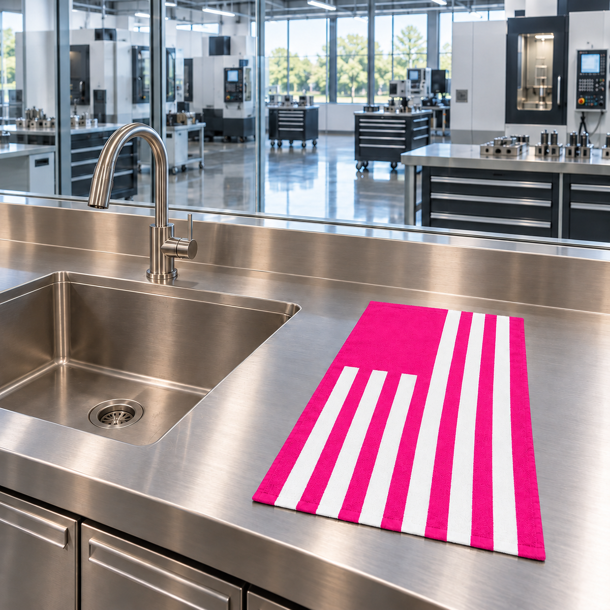 Tech Tool Signature Hand Towel in Hot Pink, laid flat beside a stainless hand-wash sink overlooking a precision machine shop | Color: Hot Pink