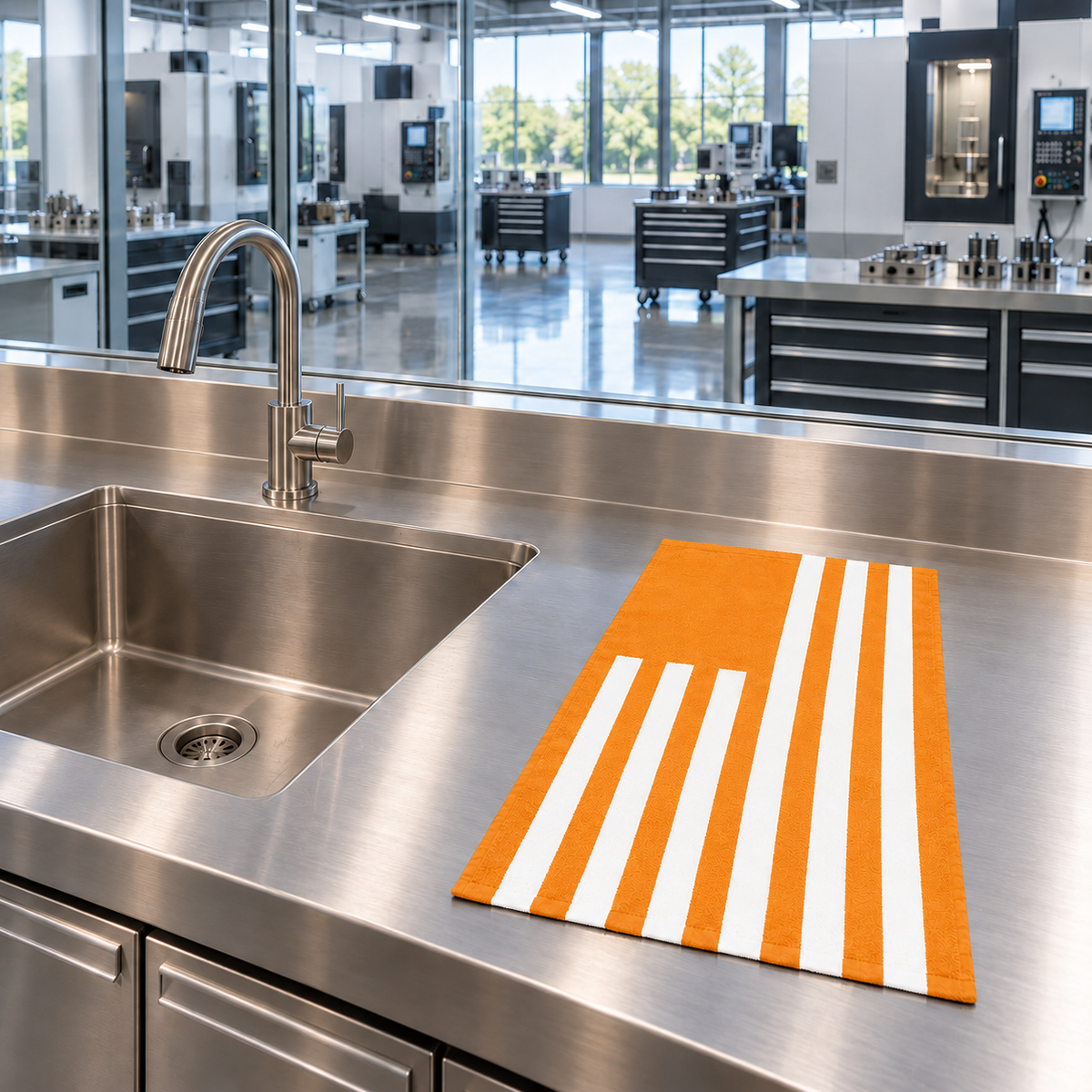 Tech Tool Signature Hand Towel in Mango Orange, laid flat beside a stainless hand-wash sink overlooking a precision machine shop | Color: Mango Orange