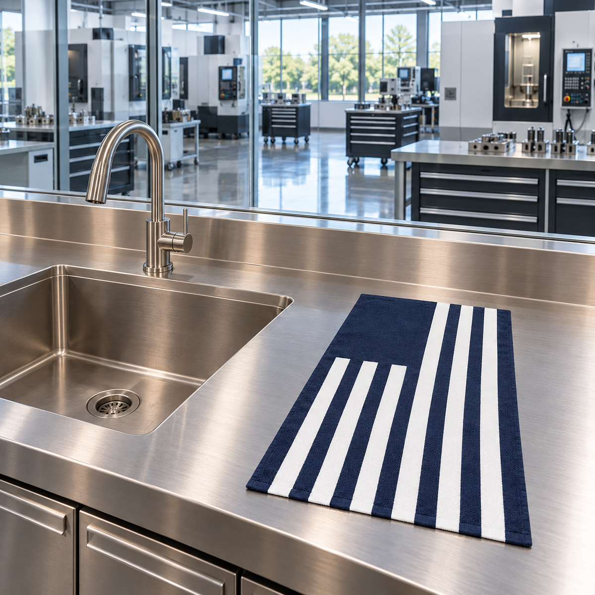 Tech Tool Signature Hand Towel in Navy, laid flat beside a stainless hand-wash sink overlooking a precision machine shop | Color: Navy
