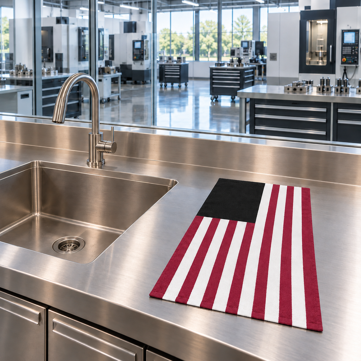 Tech Tool Signature Hand Towel in Signature, laid flat beside a stainless hand-wash sink overlooking a precision machine shop | Color: Signature