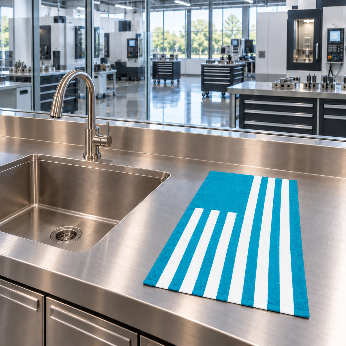 Tech Tool Signature Hand Towel in Tropical Blue, laid flat beside a stainless hand-wash sink overlooking a precision machine shop | Color: Tropical Blue
