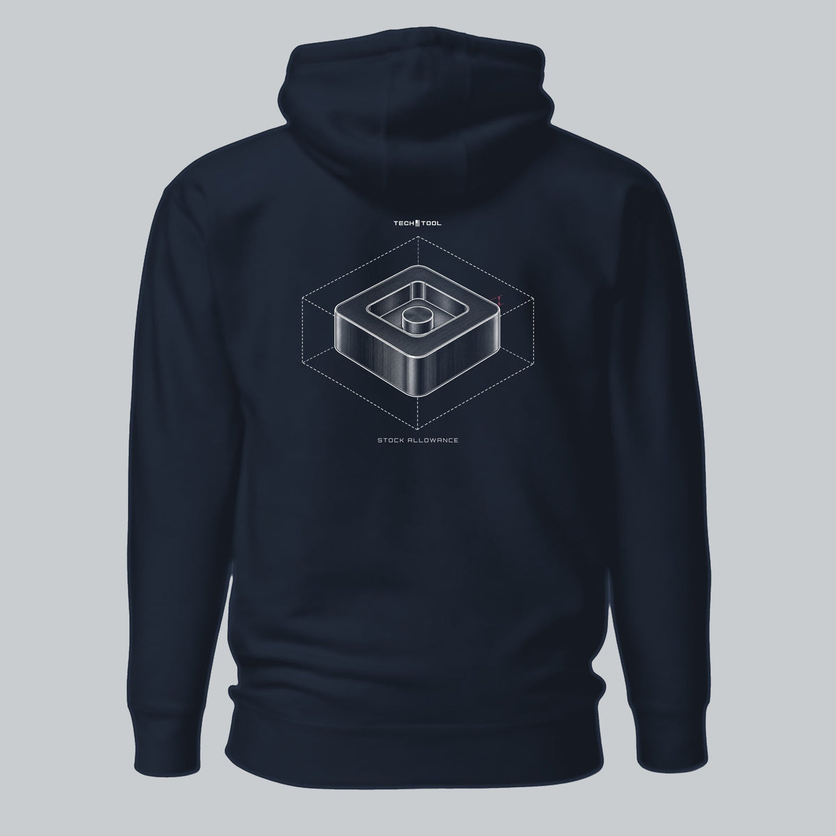Stock Allowance Pullover Hoodie, back view showing wireframe stock cube illustration