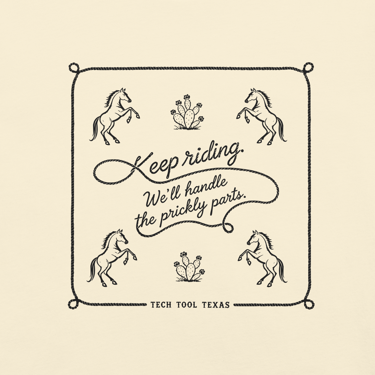 Tech Tool Texas Keep Riding framed back print detail on Ivory cotton, complete approved illustration | Color: Ivory