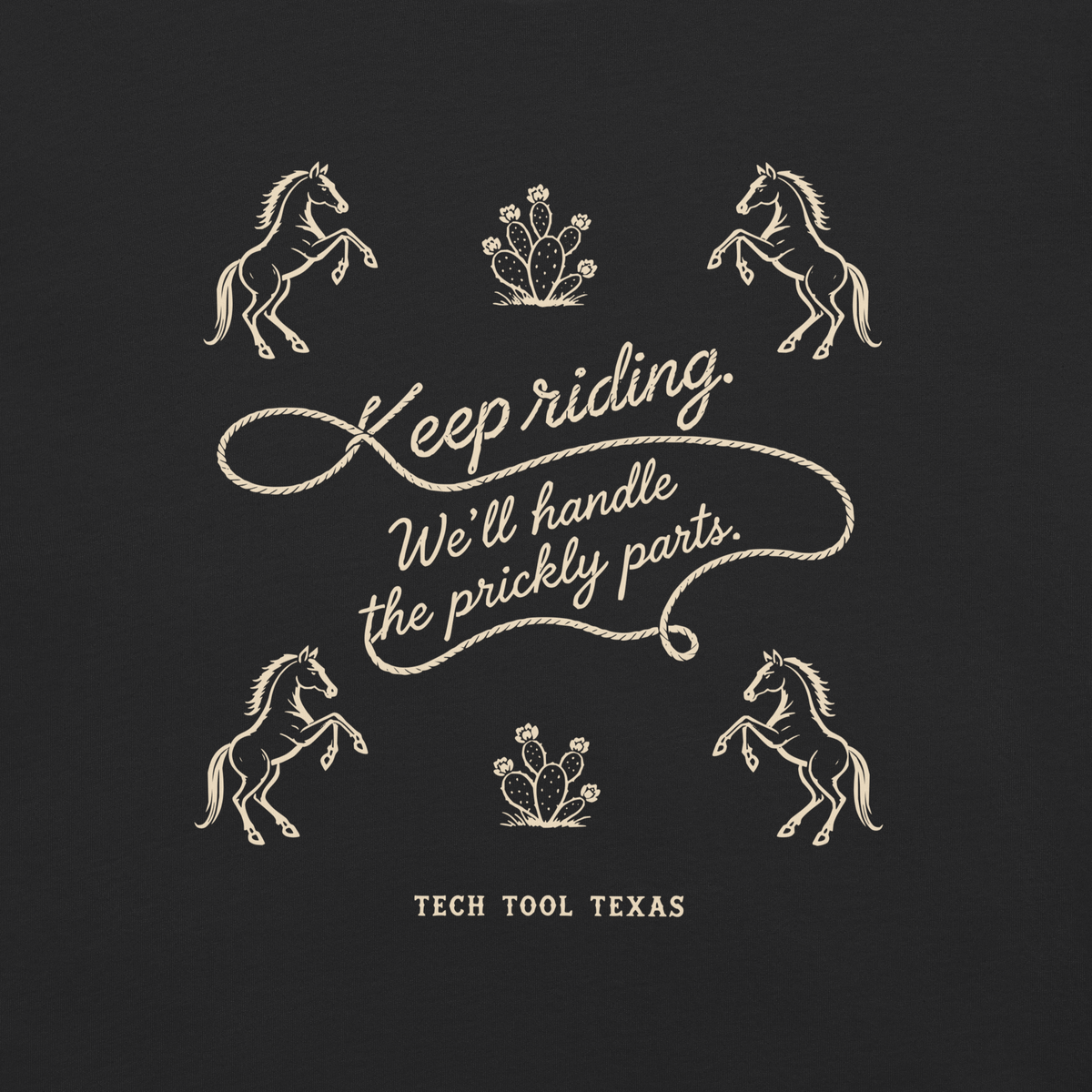 Tech Tool Texas Keep Riding open back print detail on Black cotton, complete approved illustration | Color: Black