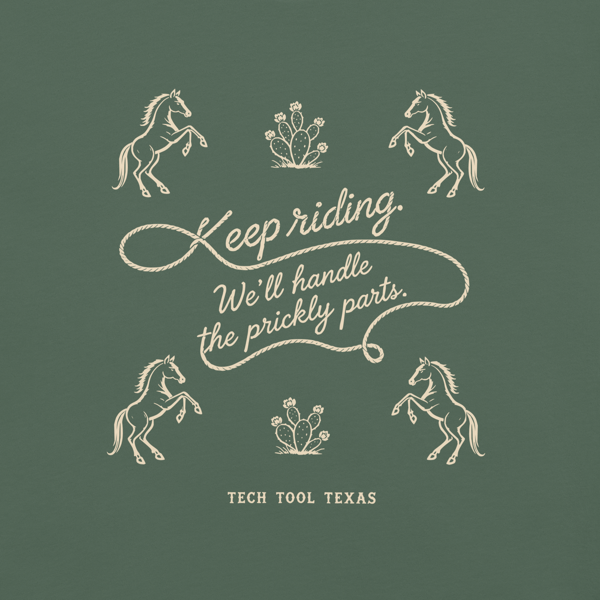Tech Tool Texas Keep Riding open back print detail on Blue Spruce cotton, complete approved illustration | Color: Spruce