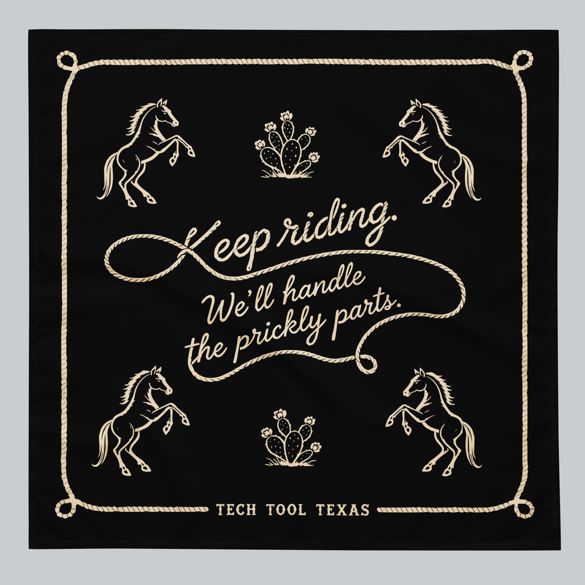 Tech Tool Texas Bandana, Keep Riding design, full flat view with ivory horses, flowering prickly pears, and a rope border | Design: Keep Riding