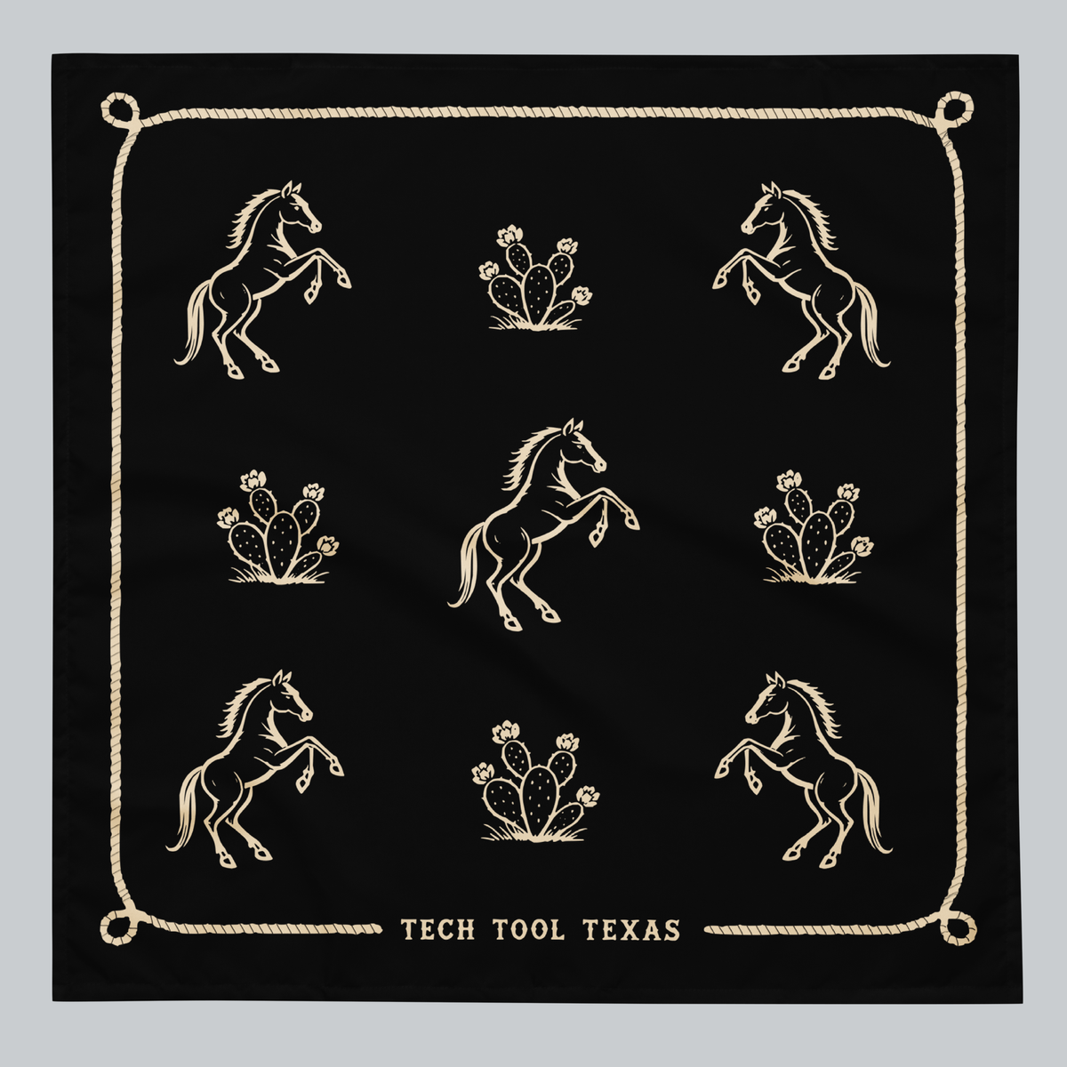 Tech Tool Texas Bandana, Trail Pattern design, full flat view with ivory horses, flowering prickly pears, and a rope border | Design: Trail Pattern