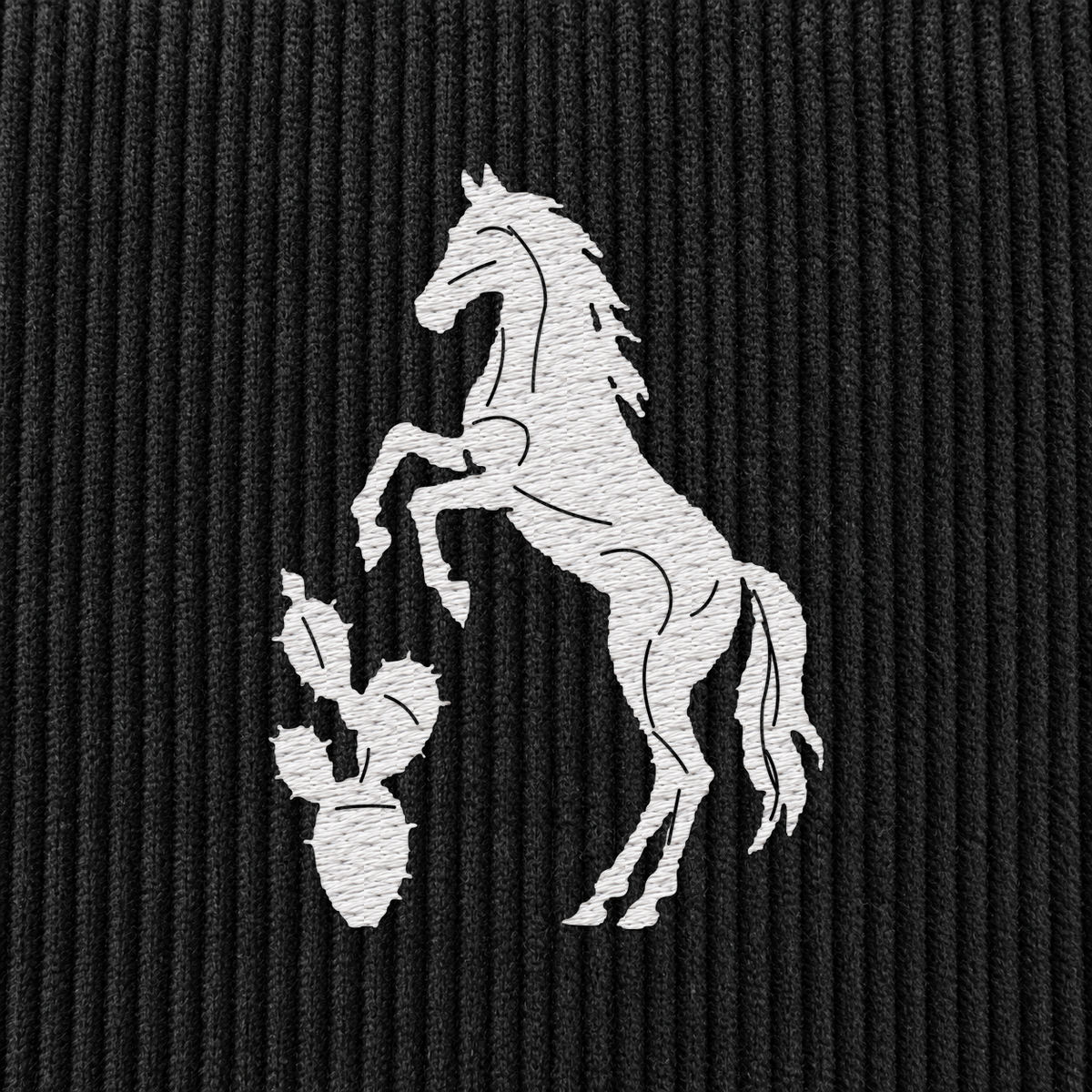 Tech Tool Texas corduroy cap in Black, embroidery detail render of the white horse-and-cactus emblem on cotton corduroy | Color: Black