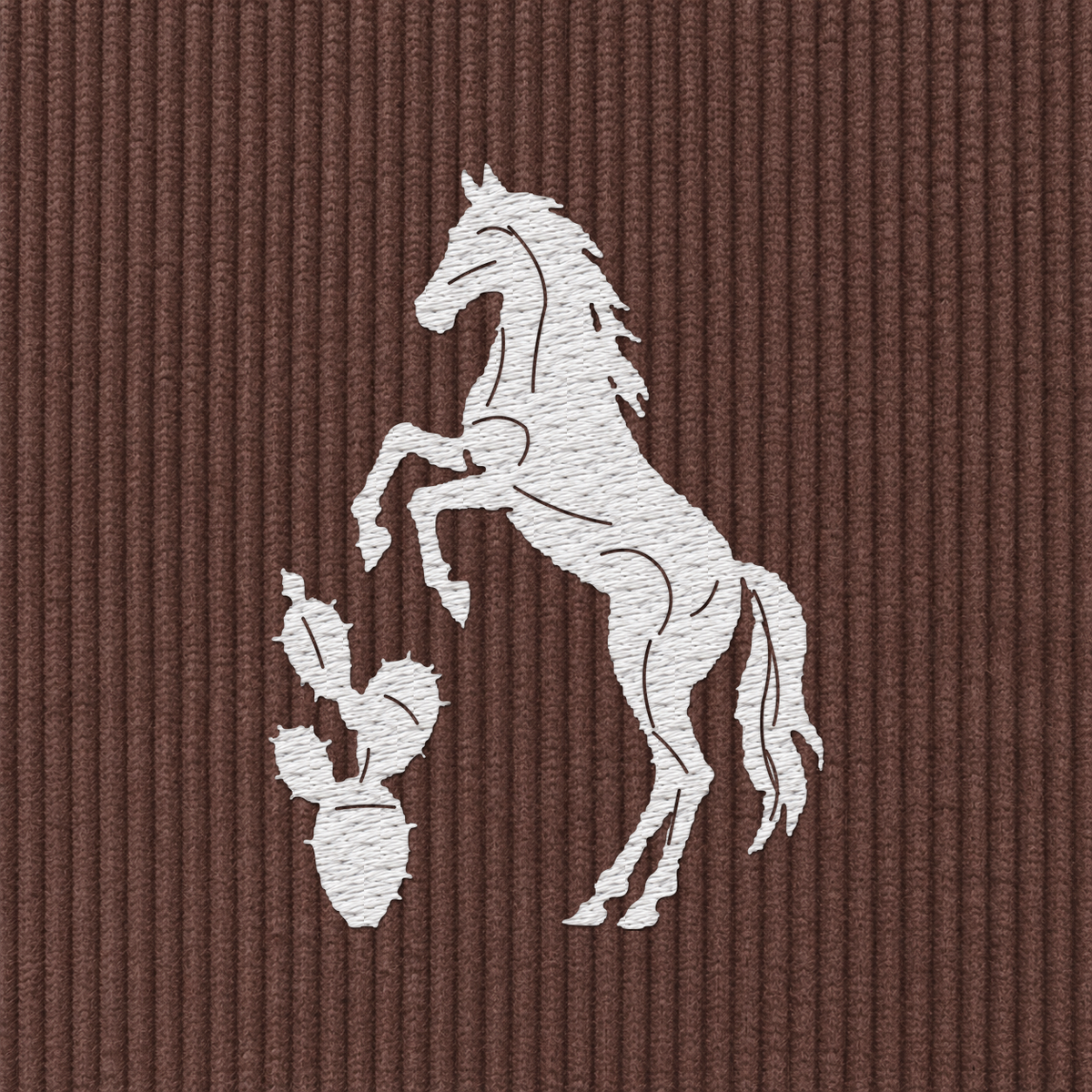 Tech Tool Texas corduroy cap in Brown, embroidery detail render of the white horse-and-cactus emblem on cotton corduroy | Color: Brown