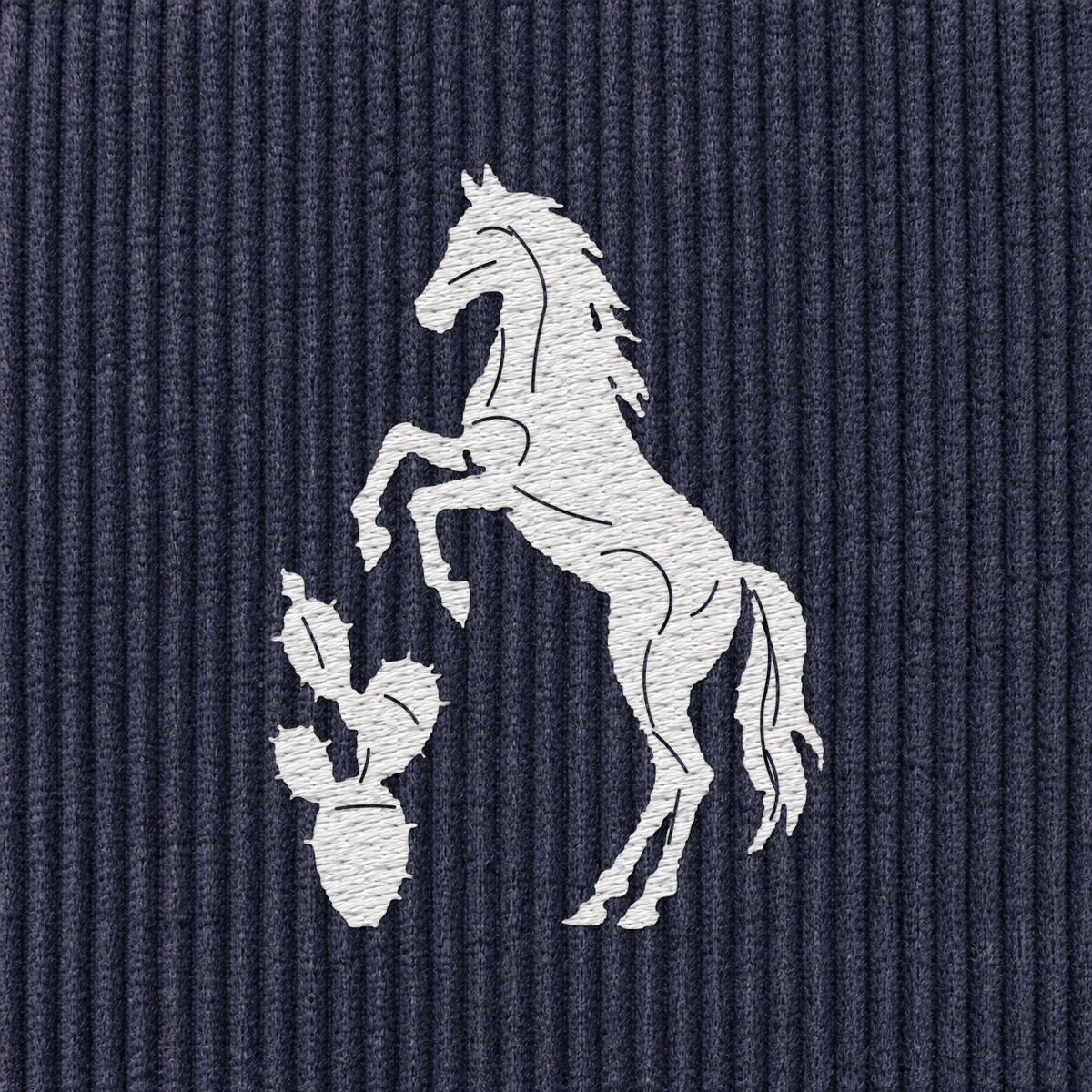 Tech Tool Texas corduroy cap in Navy, embroidery detail render of the white horse-and-cactus emblem on cotton corduroy | Color: Navy