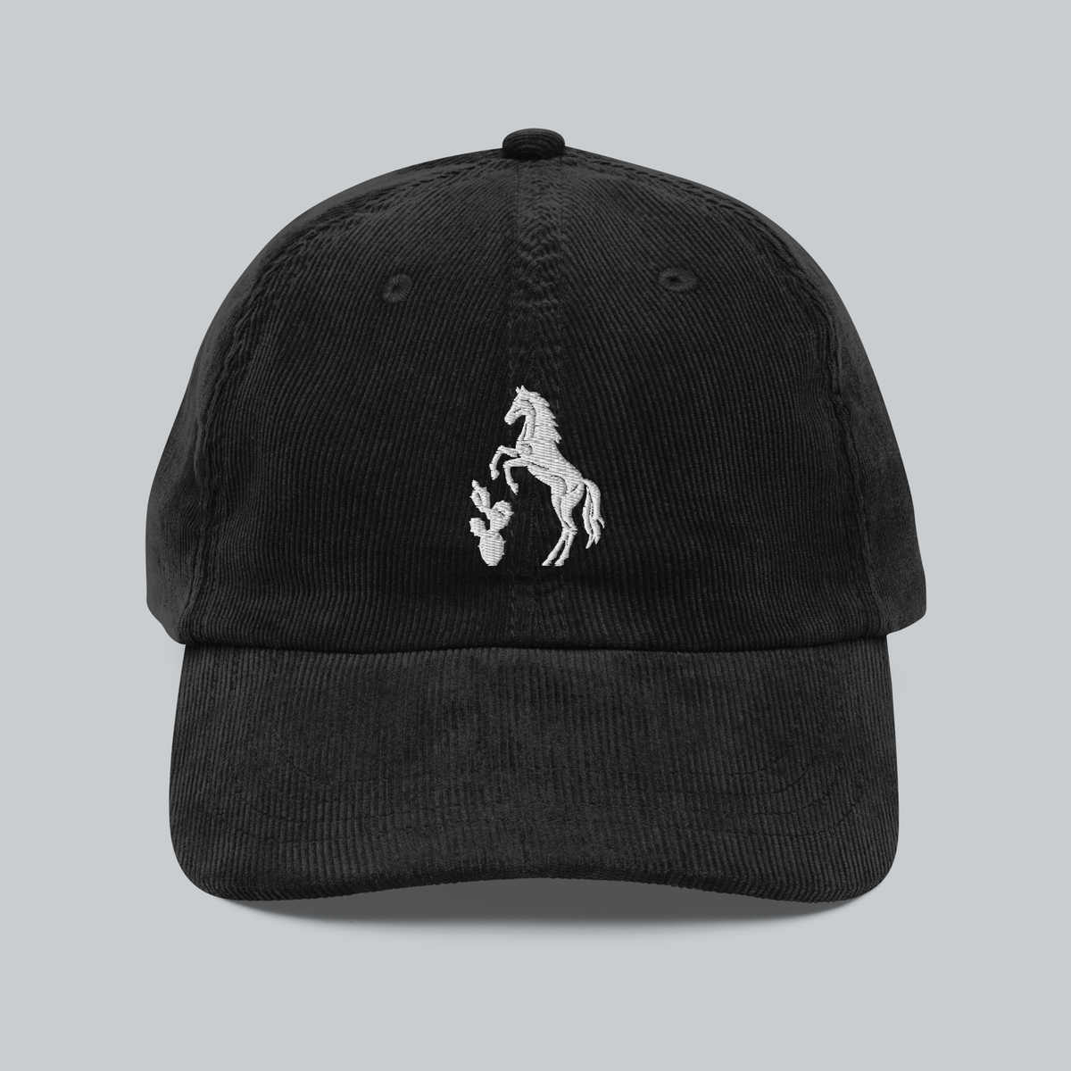 Tech Tool Texas Corduroy Cap in Black, front view, white embroidered horse and prickly pear emblem | Color: Black