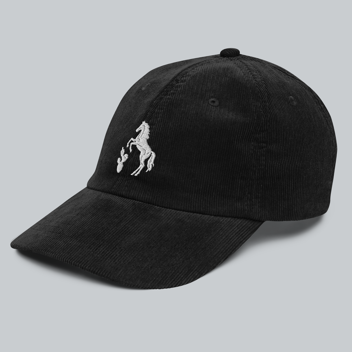 Tech Tool Texas Corduroy Cap in Black, left front view, white embroidered horse and prickly pear emblem | Color: Black