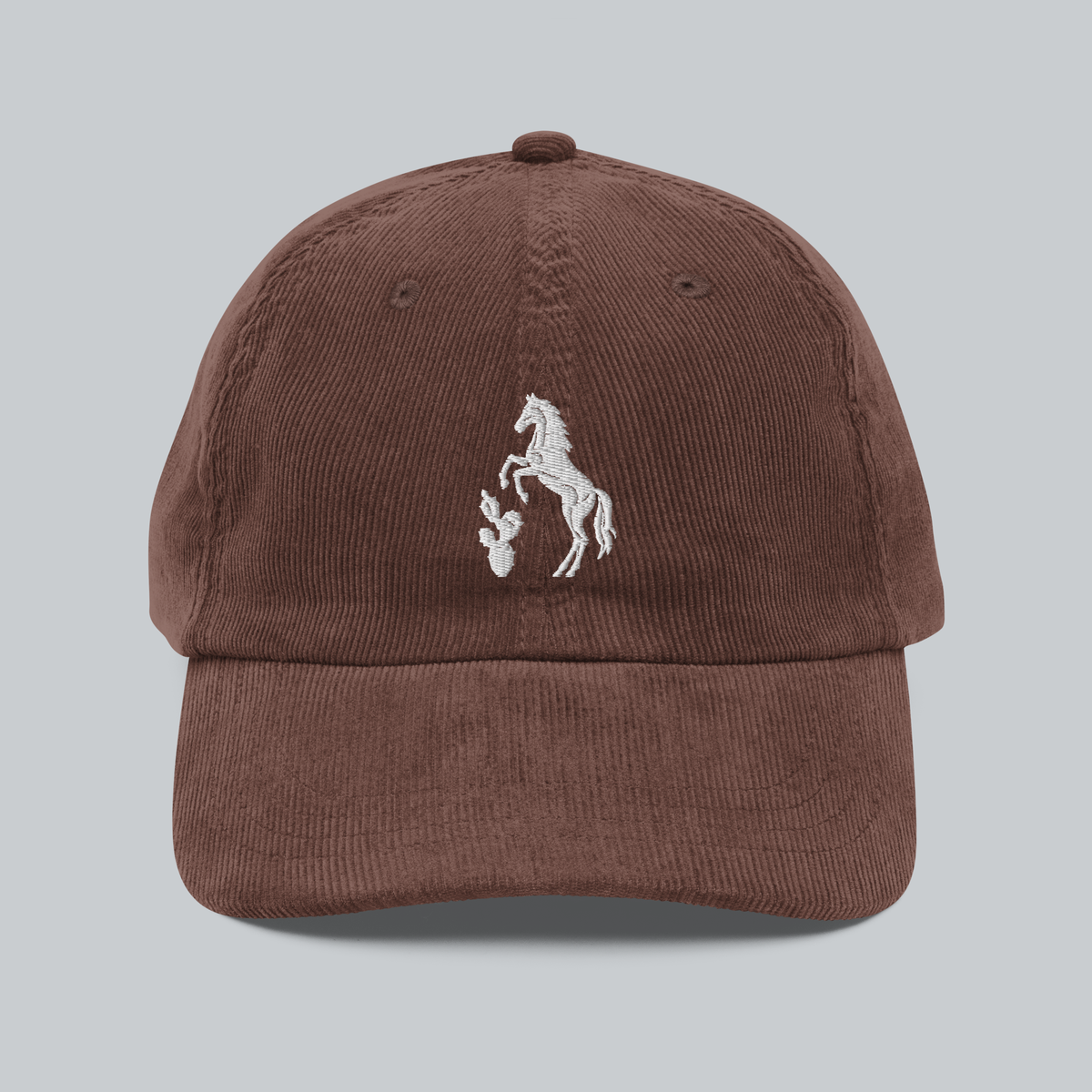 Tech Tool Texas Corduroy Cap in Brown, front view, white embroidered horse and prickly pear emblem | Color: Brown