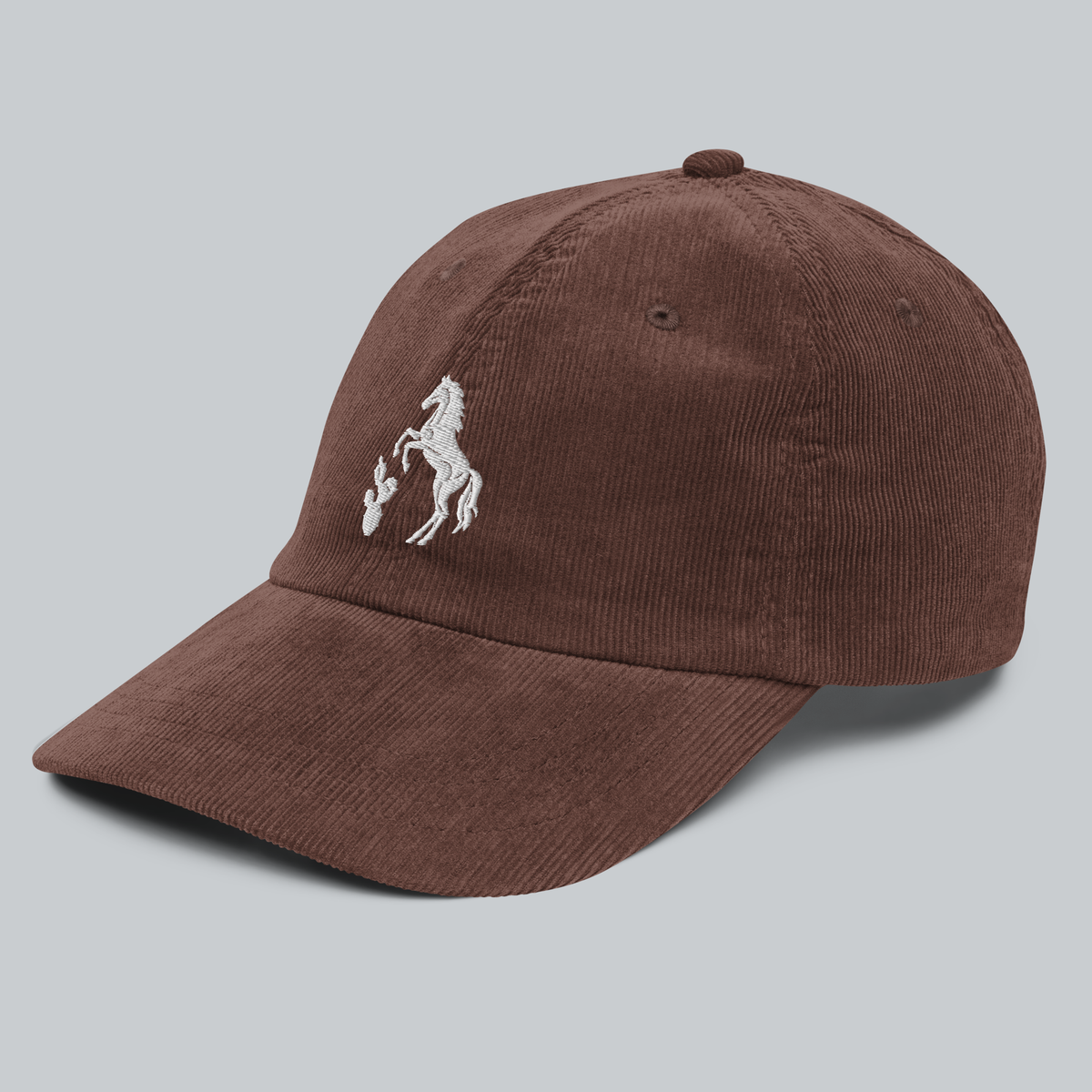 Tech Tool Texas Corduroy Cap in Brown, left front view, white embroidered horse and prickly pear emblem | Color: Brown